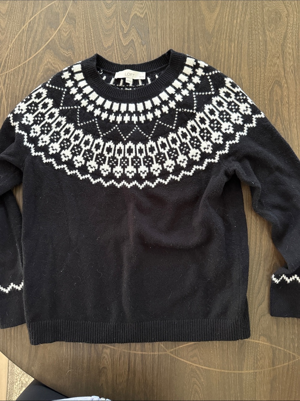 LOFT Black and White Fair Isle Crewneck Sweater